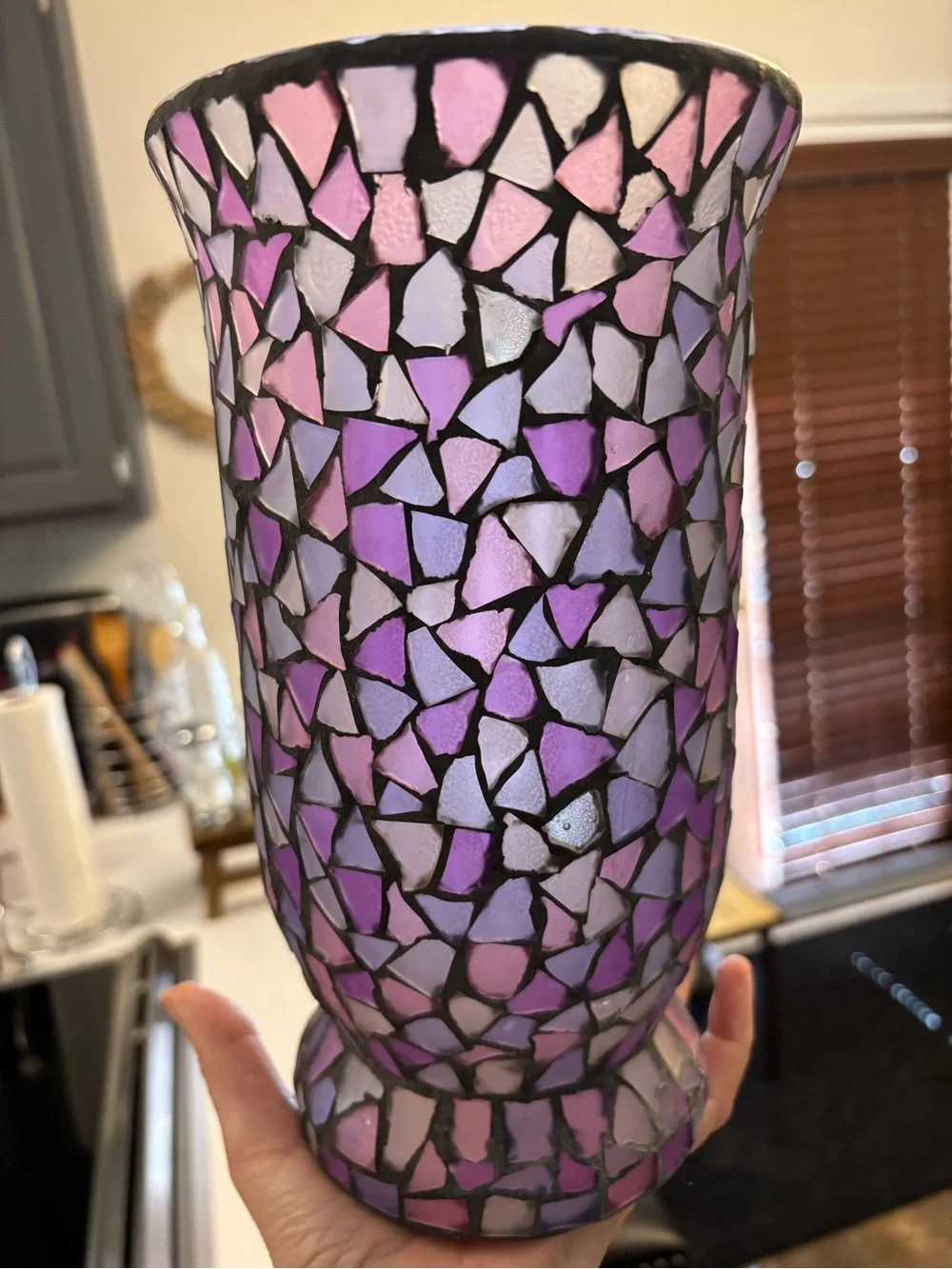Vintage Mosaic Glass Hurricane Candle Holder Set Home Interiors Purple & Pink